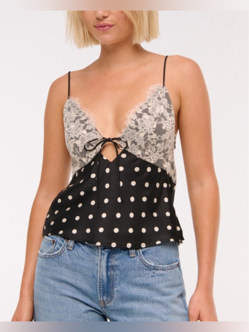 Abercrombie & Fitch Bella Tie-Front Cami Tank Top V-Neck Lace Polka Dot